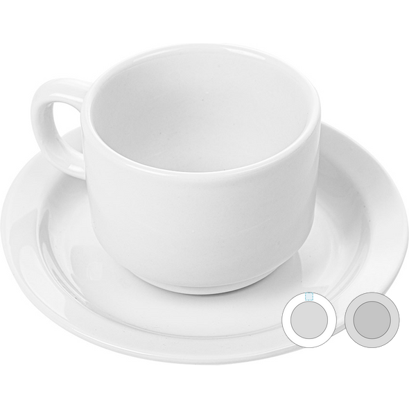 Tazas de café y plato blancos de porcelana
